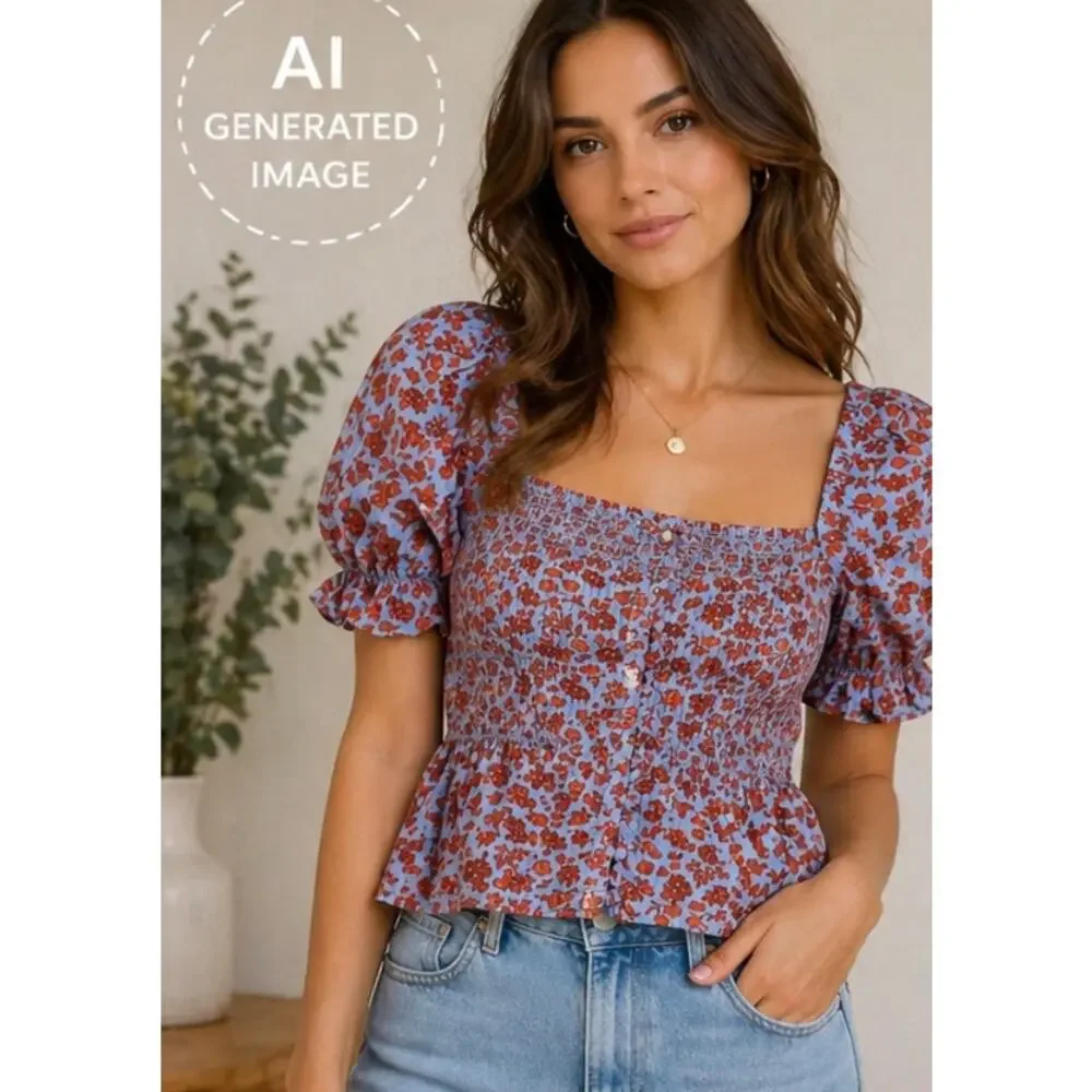 Madewell Floral Smocked Puff Sleeve Top‎ Blue Red Cotton Size 8 Boho